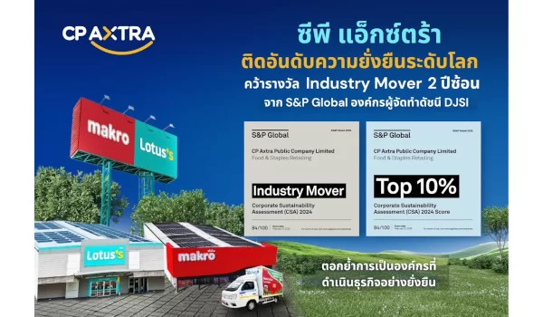 ‘ซีพี แอ็กซ์ตร้า’ ติดอันดับความยั่งยืนโลก ระดับ “Top 10%”  พร้อมคว้ารางวัล Industry Mover สองปีซ้อน ในกลุ่มอุตสาหกรรม  Food & Staples Retailing จาก S&P Global องค์กรผู้จัดทำดัชนี DJSI